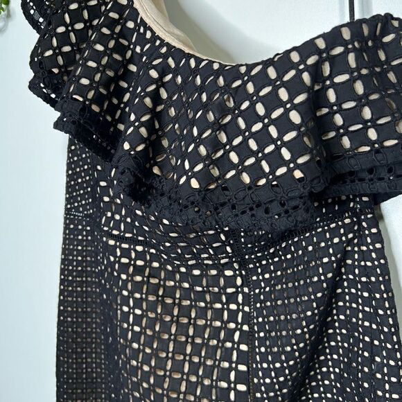 J. Crew Collection One Shoulder Eyelet Ruffle Mini Dress Black - Picture 5 of 13